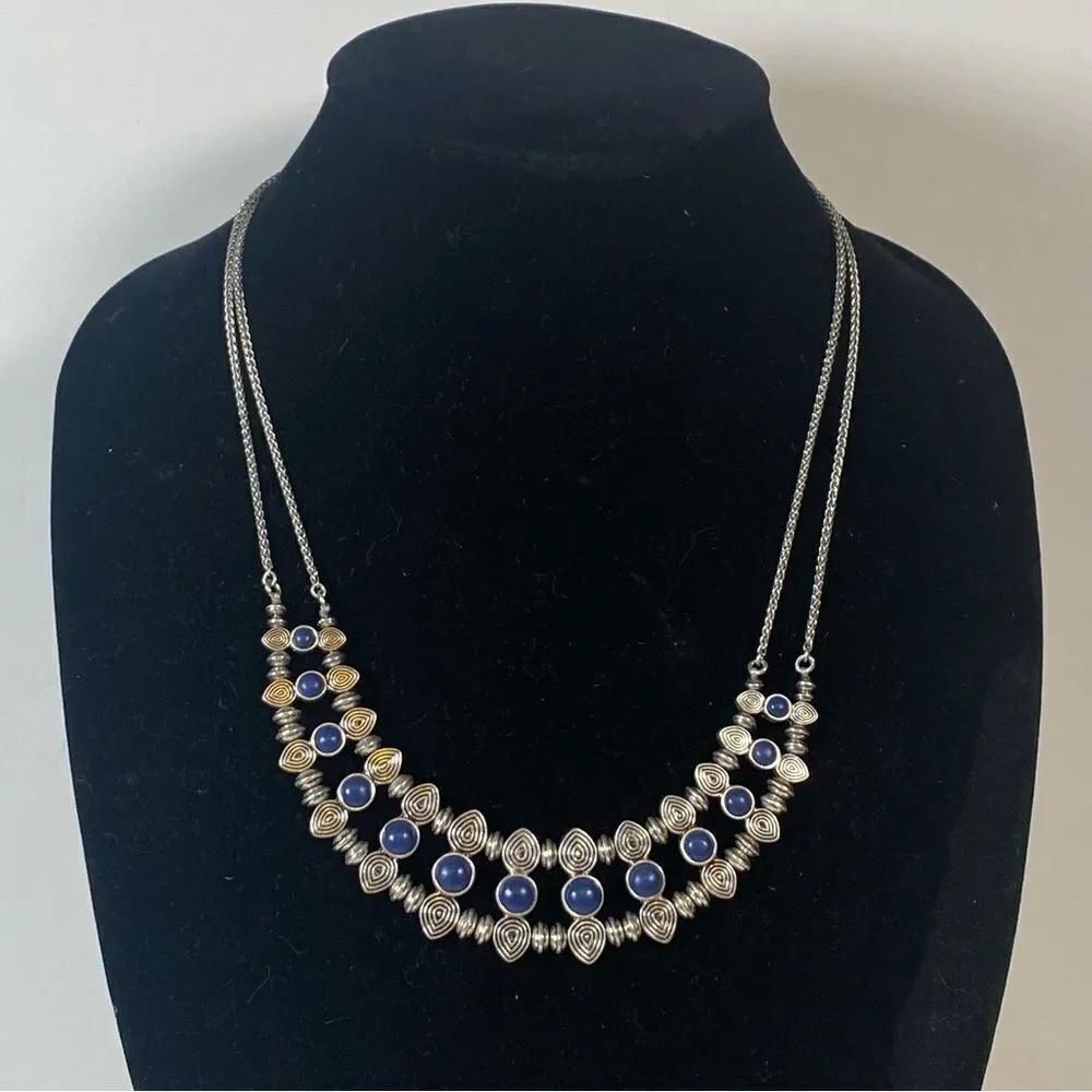 Lucky Brand Blue Cabochons Silver Tone Double Chained Necklace